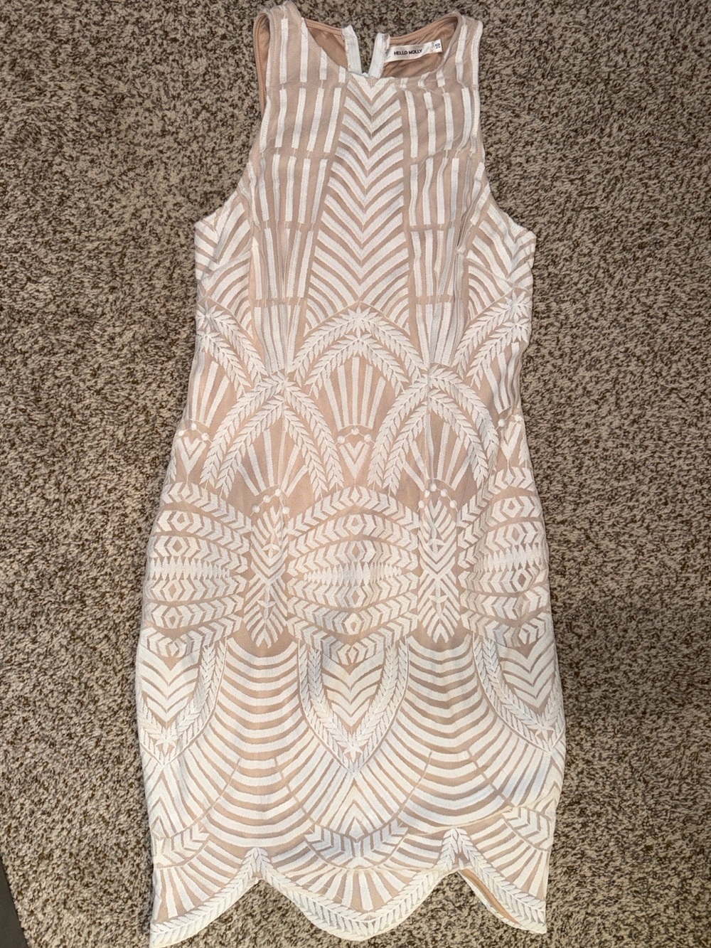 Hello Molly Beige and White Sleeveless Embroidered Bodycon Dress